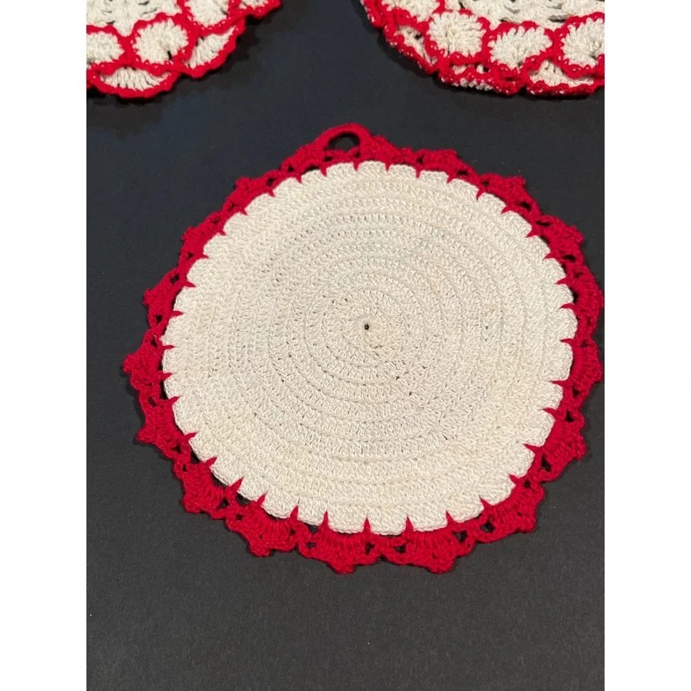 Vintage Handmade Crochet Pot Holders Set of 3 Red Cream Floral Farmhouse Kitchen